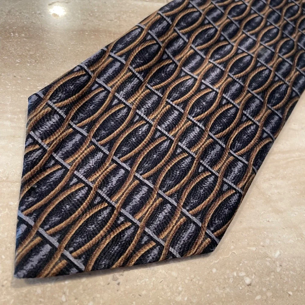 Secours Tie 100%‎ Silk Brown Blue Gray Vintage 4 x 59 Geometric Classic